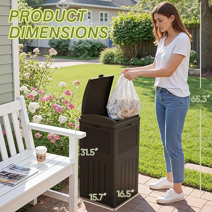Greesum 33 Gallon Outdoor Trash Can with Lid, Waterproof Resin Garbage Bin for Hideaway, Deck, Patio, 3 Pack, Dark Brown