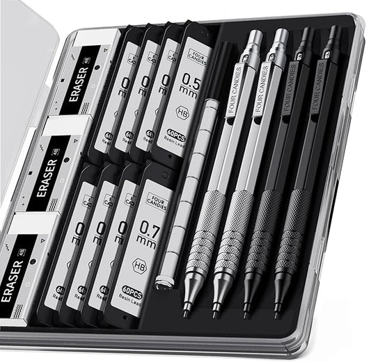 Four Candies 4PCS Metal Mechanical Pencils Set with Case, 0.5mm & 0.7 mm Artist Pencil with 8 Tubes (480PCS) HB Lead Refills, 3 Erasers,9 Eraser Refills For Writing Drafting, Drawing, Black&Silver