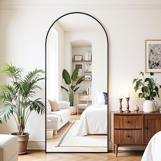 Full Length Mirror, 71"x32" Oversized Floor Mirror Freestanding, Full Body Mirror Floor Standing Mirrors with Stand, Hanging Mounted Mirrors for Bedroom Living Room, Black, Arched Style