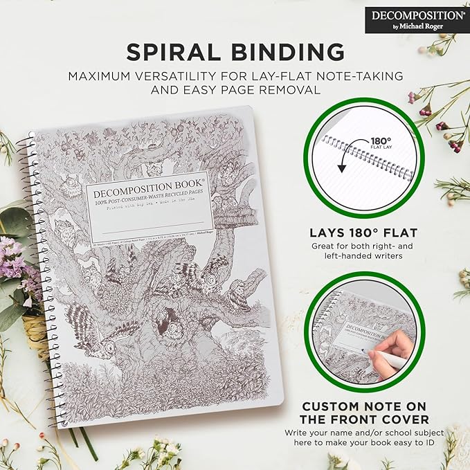 Decomposition Screech Owls College Ruled Spiral Notebook - 9.75 x 7.5 Journal with 160 Lined Pages - 100% Recycled Paper - Cute Notebooks for School Supplies, Home & Office - Made in USA