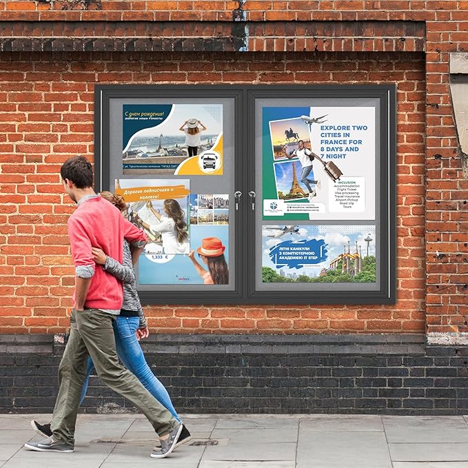 Enclosed Bulletin Board Lockable,Double-Door Weatherproof Outdoor Noticeboard with Locking Door, Wall-Mounted Aluminum Framed Presentation Board, 44x32 Inch (8xA4)