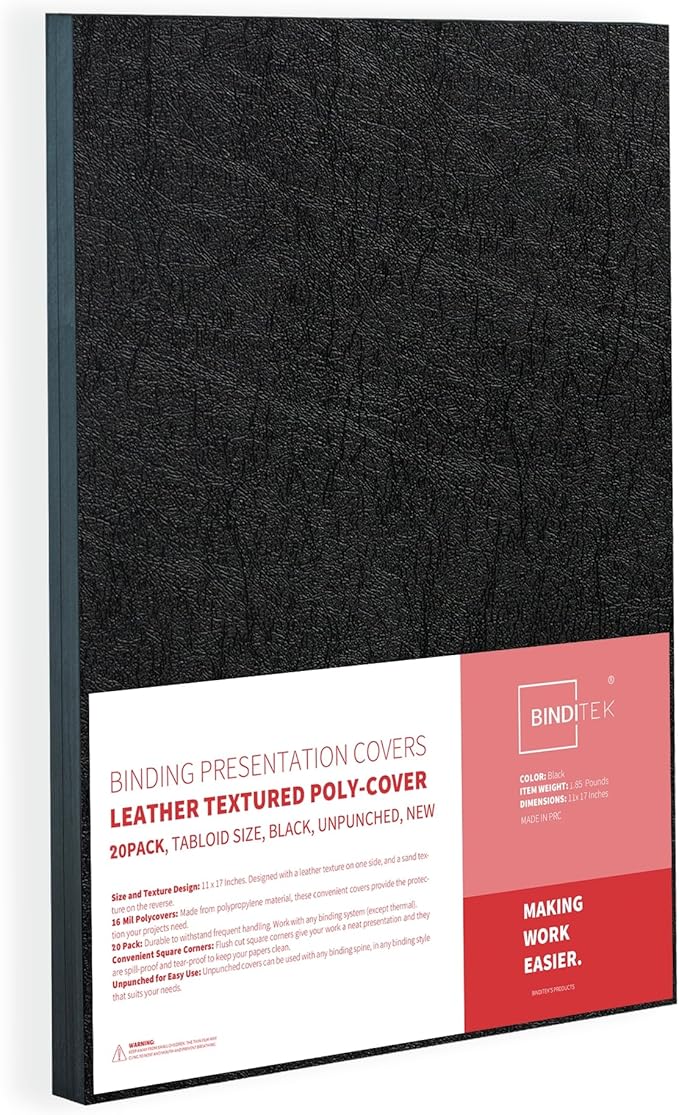 Binditek 20 Pack 16 Mil Leather-Textured Heavyduty Polycovers, 11 x 17" Tabloid Size, Binding Presentation Covers for Business Reports and Proposals, Black, Office Supplies