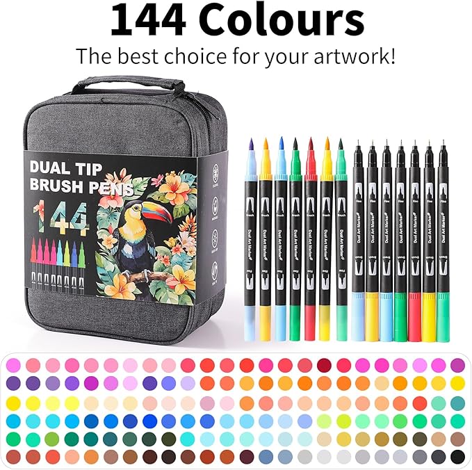 Double Brush Marker Pens, 144 Colors Art Markers Set with Fine Tip and Brush Tip for Kids Adult Coloring Book Hand Lettering Calligraphy Drawing Art Supplies Kit