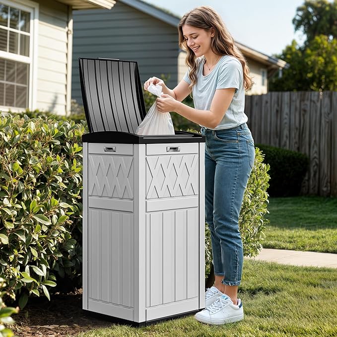 DWVO 36-Gallon Outdoor Trash Can with Fabric Bag, Tiered Lid & Drip Tray, Waterproof Resin Garbage Bin for Patio, Deck, and Backyard, White & Black