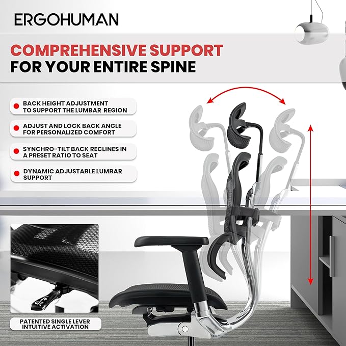 Ergohuman Eurotech ME7ERG GEN2 High Back Mesh Office, Computer, or Gaming Chair w/Tilt Tension Control & Lock, Back Angle/Height, Swivel Arms, Seat Height,/Depth, and Arm Height Adjustments, Black