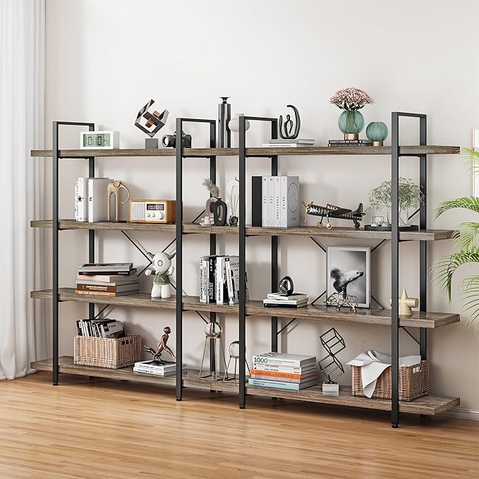 Heavy Duty 4-Tier Industrial Bookcase, 47" Wide Wood Bookshelf for Home Office, 120lbs Shelf Capacity, Rustic Shelving Display with Reinforced Horizontal Shelf for Living Room Bedroom,Grey