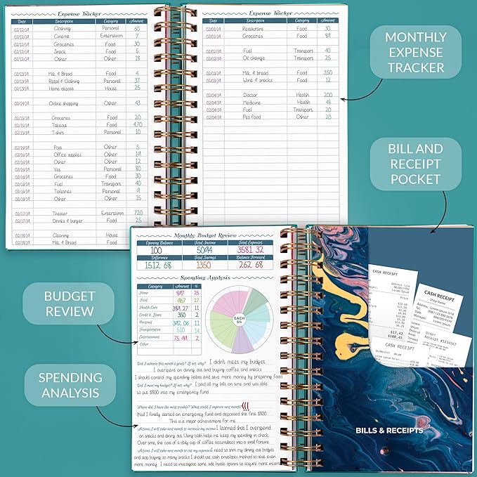GoGirl Budget Planner & Monthly Bill Organizer – Monthly Financial Book with Pockets. Expense Tracker Notebook Journal, Compact (Turquoise)