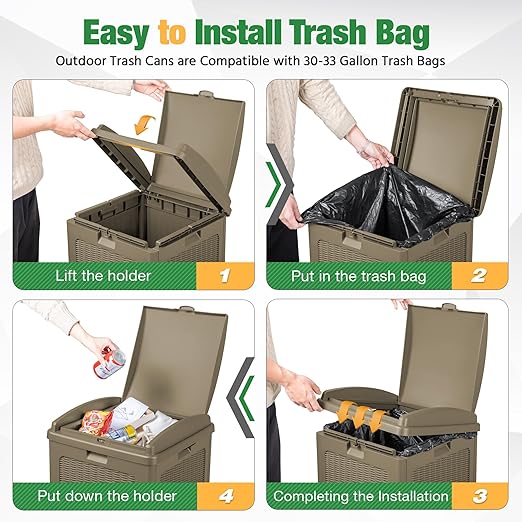 Flamaker 30 Gallon Trash Can, Resin Outdoor Garbage Can with Lid, Waterproof Hideaway Patio Waste Bins for Outside Use (Brown)