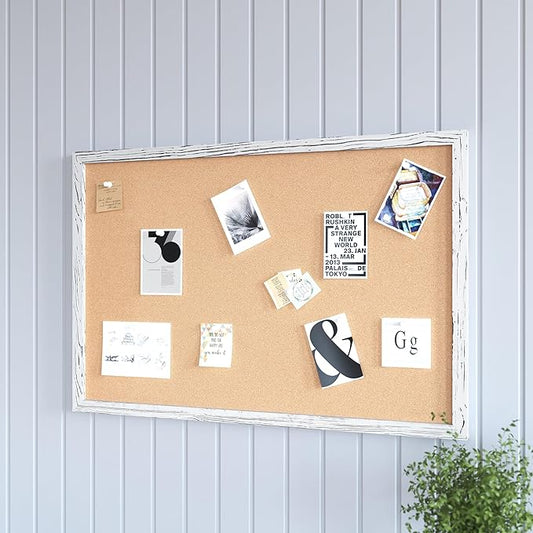 HBCY Creations Wall Mount Whitewashed Cork Board - 24" W x 36" H - 6 Wooden Push Pins - Solid Pine Wood Frame - for Kitchen, Classrooms, Restaurant Menus and More!