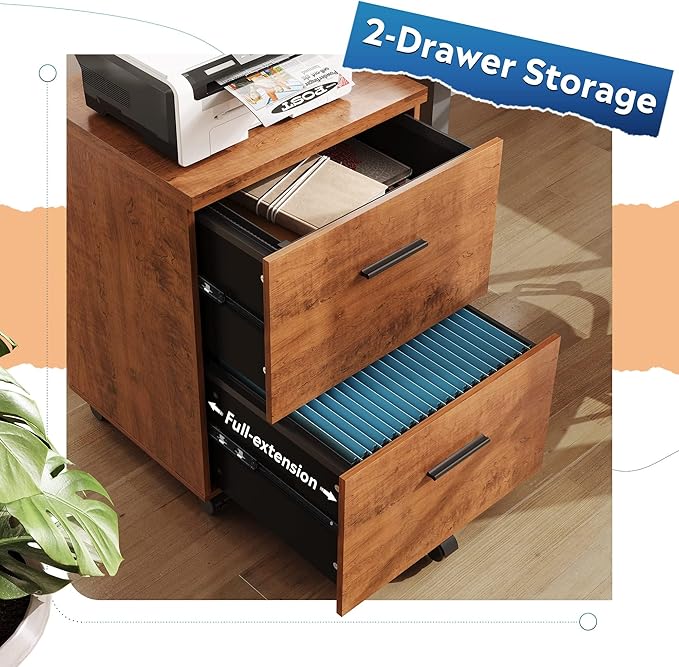 DEVAISE Wood File Cabinet, 2 Drawer Filing Cabinet for Home Office, Vertical File Cabinets with Wheels fits A4/Letter/Legal Size File, Walnut