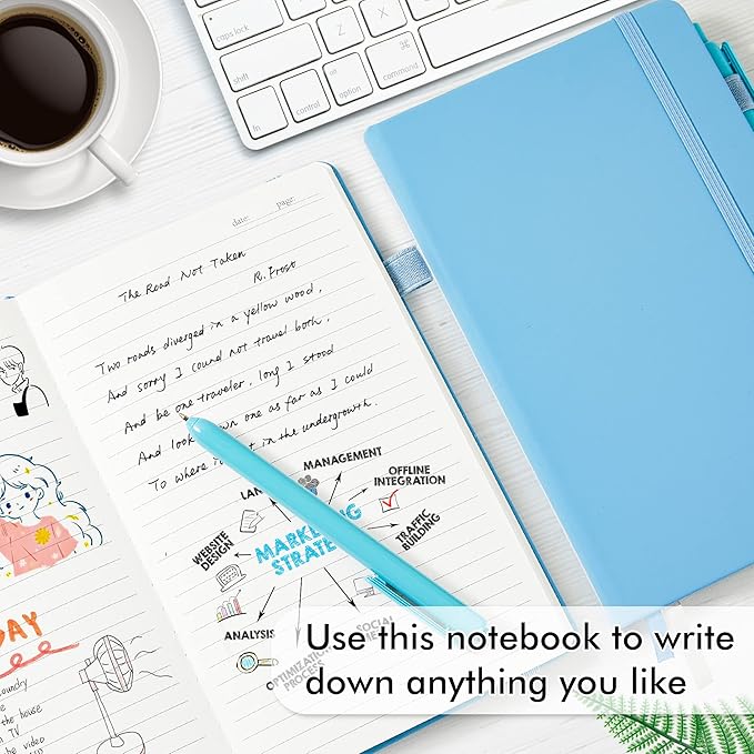 feela 5 Pack Notebooks Journals Bulk, Hardcover Classic Ruled Lined Journals with Pen Holder for Women Girls School Business Supplies, with 5 Black Pens, 120 GSM, 5.1”x8.3”, A5, Blue