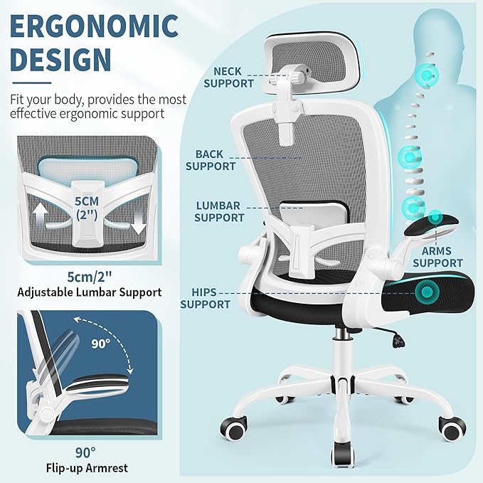FelixKing Ergonomic Office Chair, Headrest Desk Chair with Adjustable Lumbar Support, Home Office Swivel Task Chair with High Back and Armrest, Adjustable Height Gaming Chair (White)