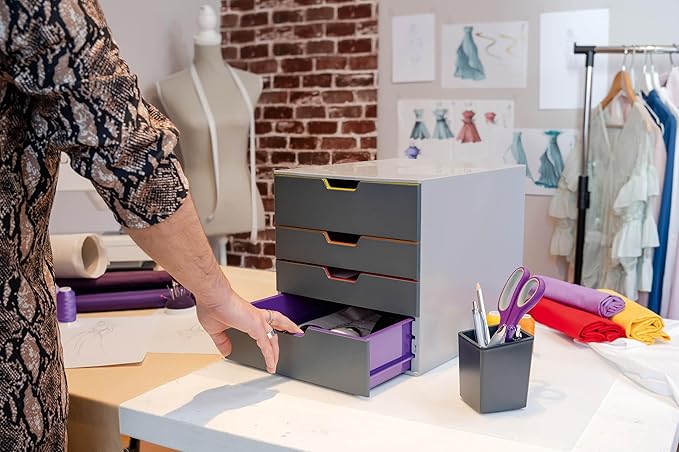 Durable Varicolor 4 Drawer Unit - Gray Desktop Drawer Set with 4 Color Coded Draws - Letter to Folio Size Files - Perfect for Storing Documents and Paper Work