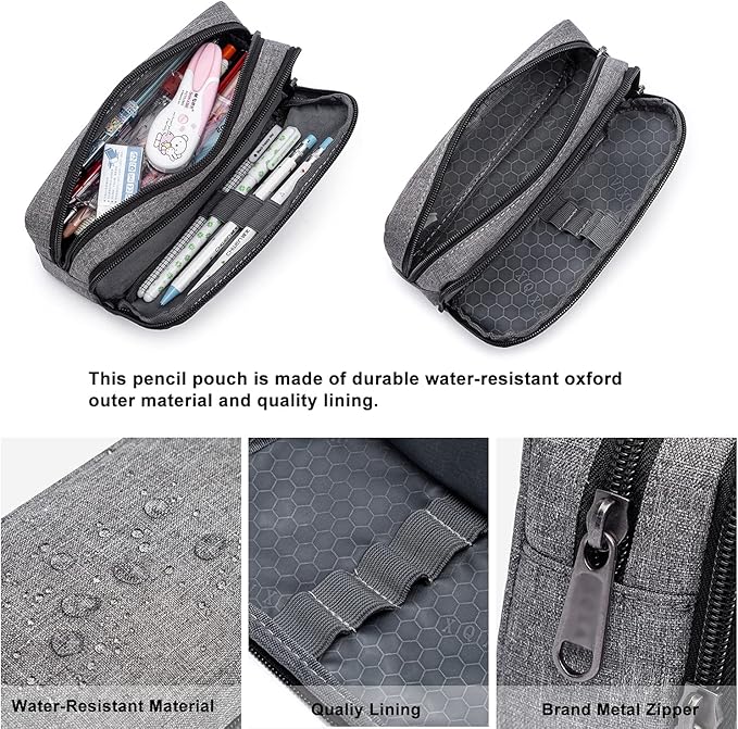 Big Capacity Pencil Pen Case Nylon Large Pencil Pouch Simple Stationery Bag Office Organizer Pen Bag for Men Women - Grey