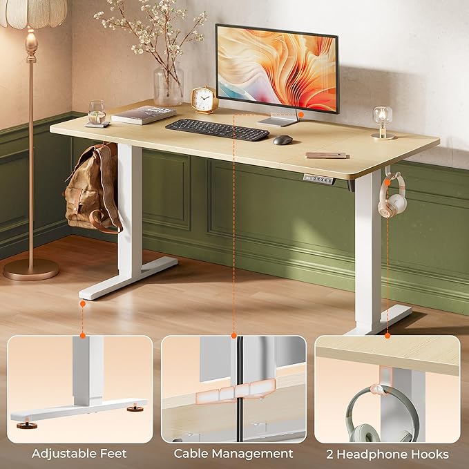 Huuger 55 x 28 Large Electric Standing Desk, Height Adjustable Desk, 27.6" Deep Desktop, Stand up Gaming Computer Office Desk with 2 Hooks, 3 Preset Heights, for Home Office, Natural