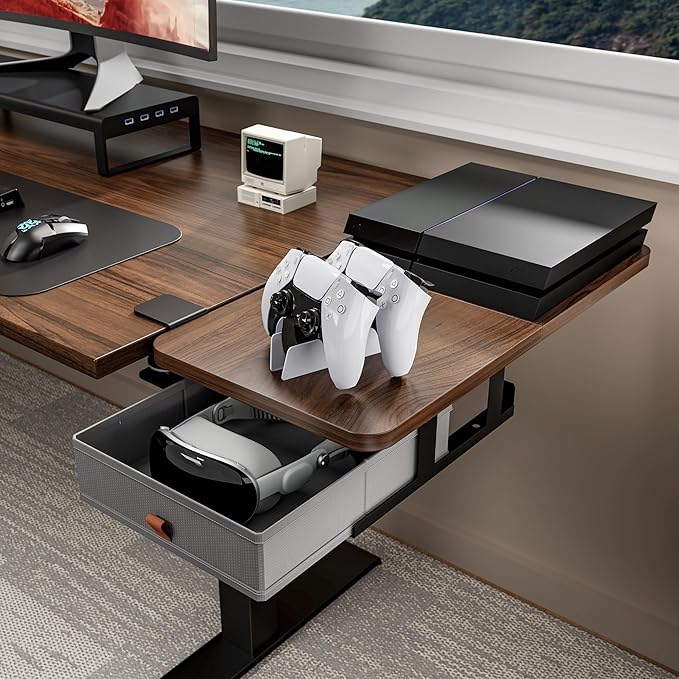 Desk Extender Tray, 24" x 12" Clamp On Desk Shelf, Desk Extension with Storage Drawer, Table Desk Arm Rest, Clamp On Keyboard Tray for Office and Home, Workstation Organizer, Medium, Walnut