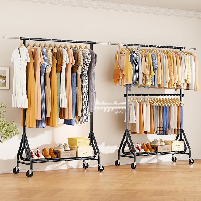 Heavy Duty Clothes Rack for Hanging Clothes, Double Rods Clothing Rack with Lockable Wheels, Rolling Garment Racks with Shelf, Easy to Assemble, Black