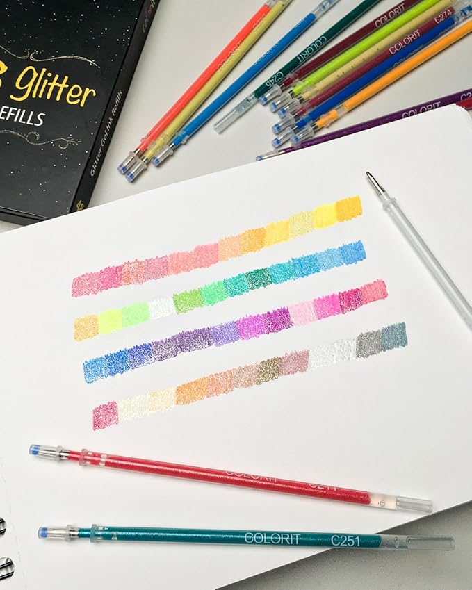 ColorIt 48 Gel Pen Ink Refills for Glitter, Metallic, and Neon - Color Coded for Easy Replacement (Glitter) - Pen Refills