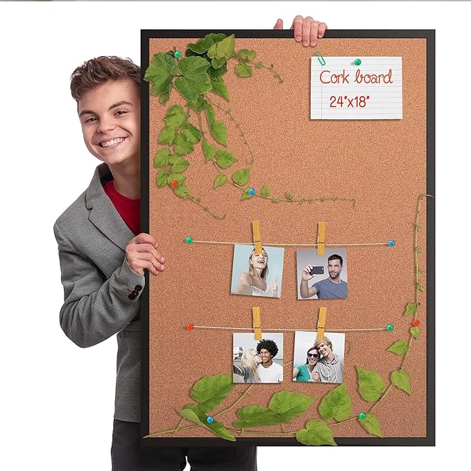 Board2by 2-Pack Cork Board Bulletin Board 18“ x 24”, Black Wood Framed Corkboard, Office Board for Wall Cork, Large Wall Mounted Notice Pin Board with 32 Push Pins for School, Home & Office