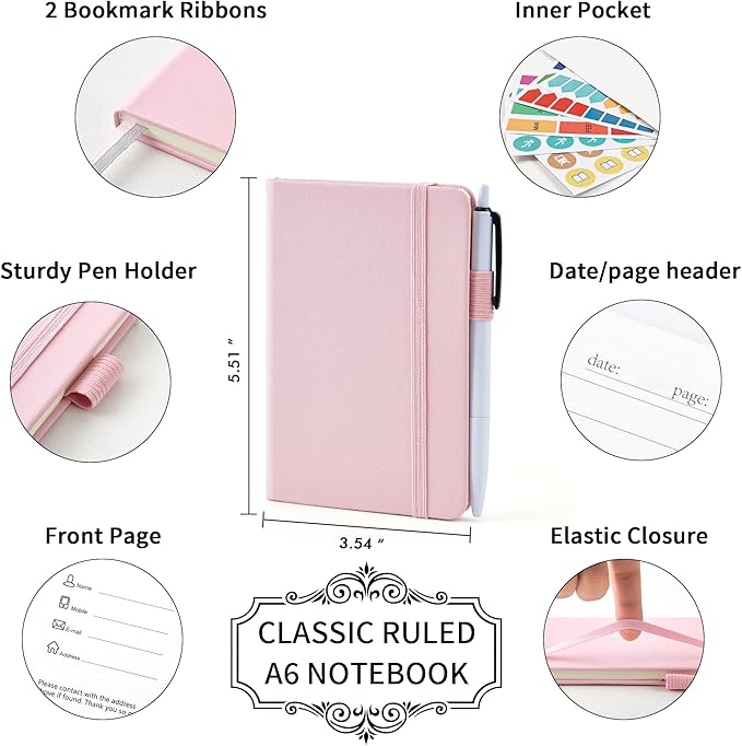 feela 15 Pack Pocket Small Notebooks Bulk, Mini Cute Memo Notepads Hardcover College Ruled Lined Journals with Pen Holder for Women Girls Office School, with 15 Black Pens, 3.5”x 5.5”, A6, Rose Pink