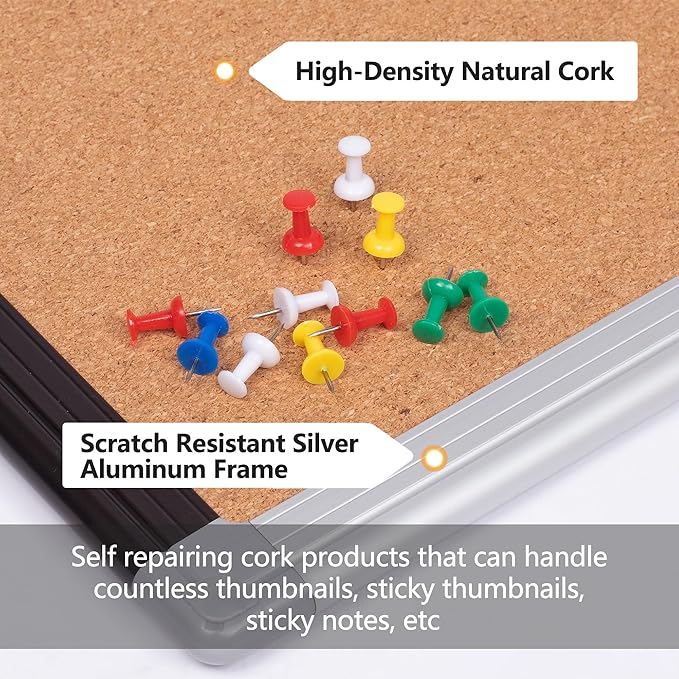 Board2by Cork Board Bulletin Board 20" x 30", Black/Silver Aluminium Framed Corkboard, Office Board for Wall Decor, Large Wall Mounted Notice Pin Board with 18 Push Pins for School, Home & Office