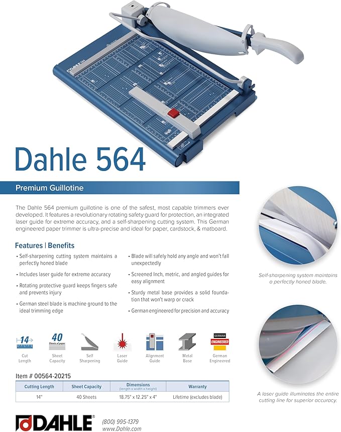 Dahle 564 Premium Guillotine Trimmer w/Laser, 14" Cut Length, 40 Sheet Capacity, Self-Sharpening, Manual Clamp, w/Safety Guard