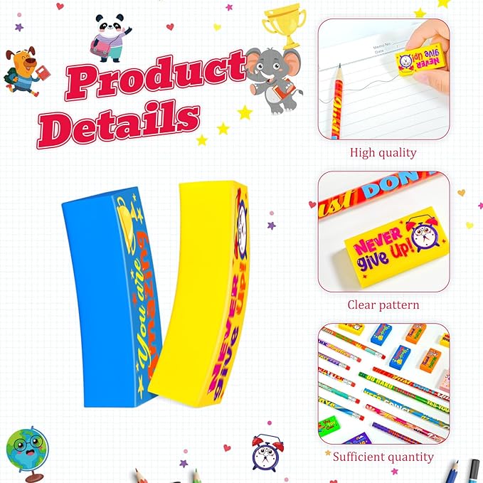 Cinrobiye 100 Pcs Inspirational Pencils with Erasers for Kids，Motivational Pencil Erasers Bulk Back to School Gifts Supplies Party Favor Goody Bag Fillers for Students Classroom Teacher Prizes Reward