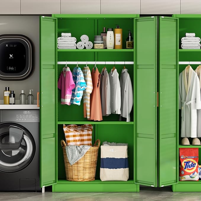 Greenvelly Metal Storage Wardrobe Cabinet with Lock, 71" Green Metal Wardrobe Closet for Hanging Clothes with Doors and Shelves, Modern Steel Clothes Closet for Home, Office and Bedroom, School,Gym