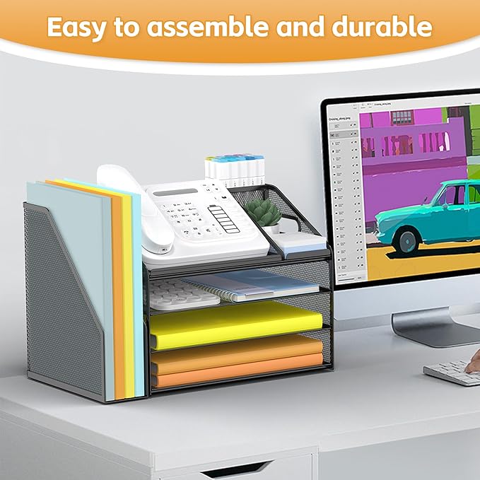 DocNest 4 Tier Paper Letter Tray File Organizer, Mesh Desk File with Handle, Workspace Desk Organizers with Pen Holder, Office Organization Storage Accessories - Black