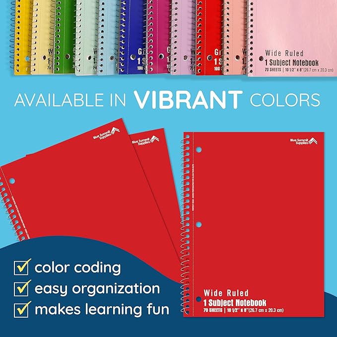Blue Summit Red Wide Ruled Spiral Notebooks Bulk, 1 Subject Spiral Notebook Wide Ruled, Paper School Bulk Notebooks, 48 Pack