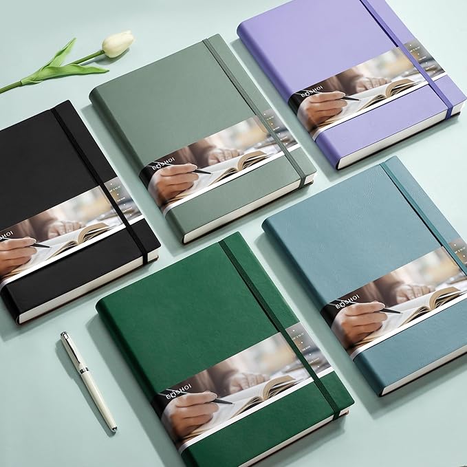 EMSHOI A4 College Ruled Notebook Journal- 400 Pages (200 sheets), 7mm Spacing & Vegan Leather Cover for Work, School, Bible Study, Bullet Journaling- with Sticky Notes, Pocket & Pen Holder -Dark Green