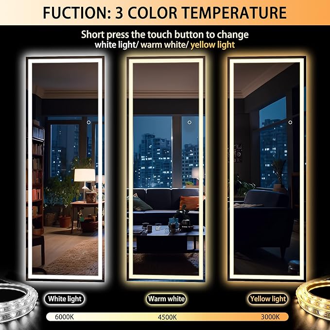 Hasipu Full Length Mirror with Lights, 65" x 20" LED Floor Mirror, Full Body Dressing Standing, Hanging Mounted Mirror for Living Room Bedroom Cloakroom, Square Black