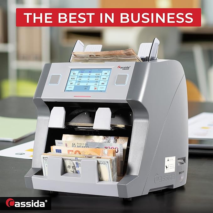 Cassida 9900R V2 2-Pocket Premium Bank Grade Money Counter Machine Mixed Denomination, Bill Sorter, Value Counting, Printer Enabled, 2 CIS, UV/MG, IR/IT Counterfeit Detection with Built-in Printer