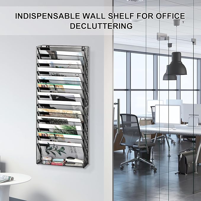 EasyPAG 14 Tier Wall File Holder with Flat Tray, Black | Easy Assemble Mesh Desk File Organizer | 13-Folder Paper Storage | Replaceable Classify Labels | Space Saving Mail Organizer for Office Home