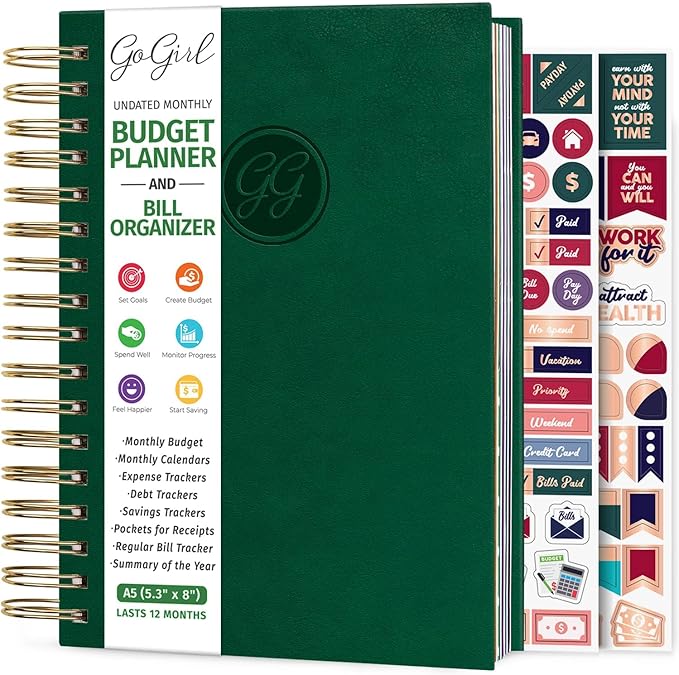 GoGirl Budget Planner & Monthly Bill Organizer – Monthly Financial Book with Pockets. Expense Tracker Notebook Journal, Compact (Dark Green)