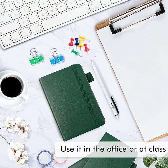 feela 6 Pack Pocket Mini Notebooks Bulk, Small Cute Memo Notepads Hardcover College Ruled Lined Journals with Pen Holder for School Business Work, with 6 Black Pens, 3.5”x 5.5”, A6, Dark Green