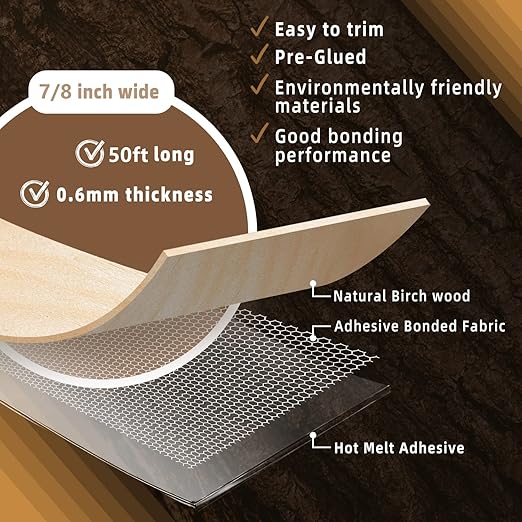 GSCIT Club Birch Edge Banding, 7/8 inch x 50ft roll of Veneer Edge Banding - Pre-glued Flexible, Real Wood Tape for Cabinet Repair & Furniture Restoration