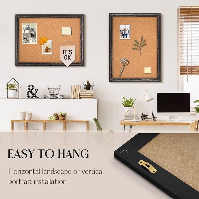 Cork Board Bulletin Board - 24" x 18" - Rustic Black Frame Corkboard for Wall - Decorative Pin Board, Message Board, Vision Board, Picture Board, Photo Board