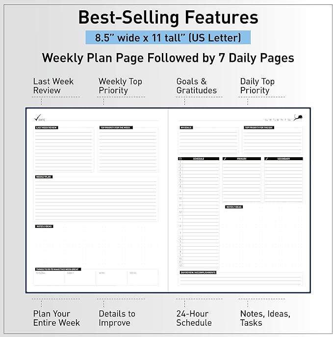 Day Planner - Professional Goal Planner, Calendar & Gratitude Journal to Increase Productivity, Time Management & Happiness - Vegan Leather Softcover, 24 Hourly Planner, Undated 6 Months Work Planner
