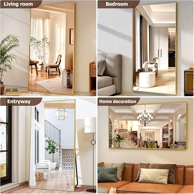 Full Length Mirror with Stand 38"x77" Full Body Mirror Floor Mirror Standing Hanging or Leaning Wall, Wall Mirror with Stand Aluminum Alloy Frame for Living Room Bedroom Cloakroom,Gold