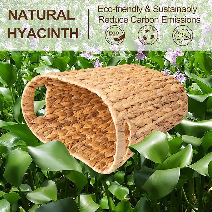 FairyHaus Wicker Trash Can with Handles, Natural Water Hyacinth Wicker Waste Basket, Handwoven Wicker Trash Basket for Bathroom Bedrooms, 13" L x 7.5" W x 12.2" H