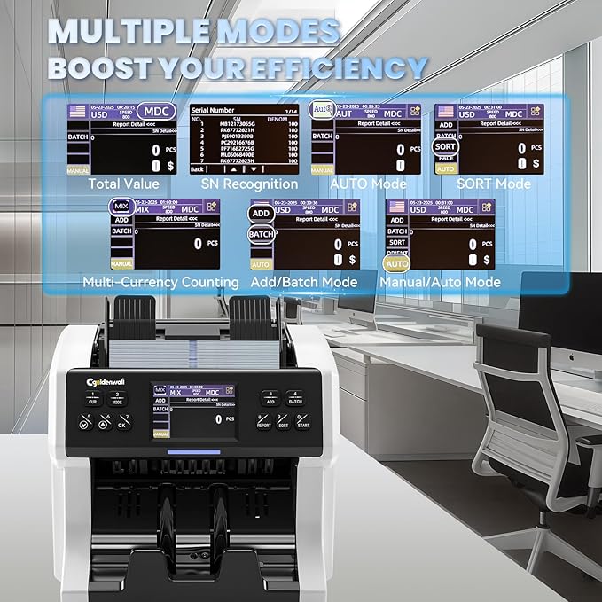CGOLDENWALL Money Counter Machine Mixed Denomination,Bank Grade Cash Counter 2CIS/UV/IR/MG Counterfeit Detection,Serial Number,MUL Currency Value Counting, Sort&Printer Compatible Bill Counter,1500N/M
