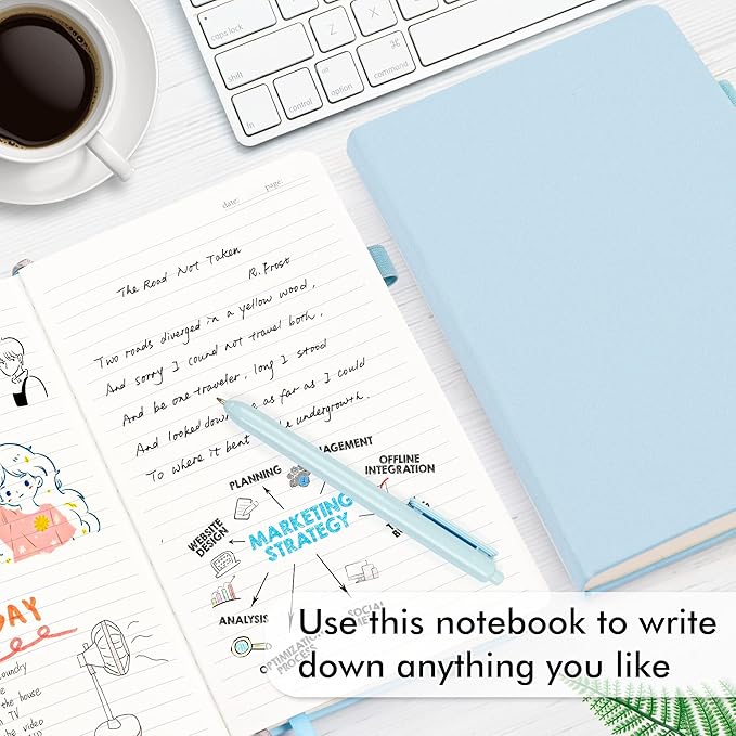 feela 8 Pack Notebooks Journals Bulk, Hardcover Notebook Classic Ruled Lined Journals with Pen Holder for Women Girls School Business Supplies, with 8 Black Pens, 120 GSM, 5.1”x8.3”, A5, Light Blue