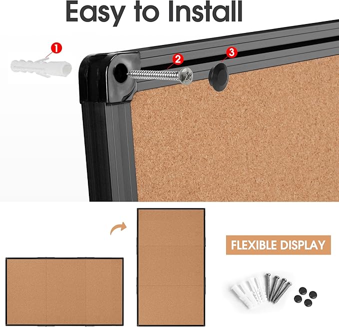 Board2by Extra Large Cork Bulletin Board 96" X 48", Foldable Notice Pin Board for Wall, Black Aluminum Framed 8'x4' Corkboard, Wall Mounted Noticeboard with 36 Push Pins for School, Home & Office