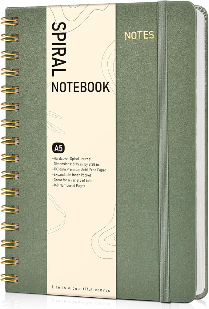 Graph Spiral Journal Notebook, A5 Hardcover Spiral Journals for Women Men, 100 GSM Graph Paper Notebooks, 150 Pages Spiral Bound Grid Notebook for Writing Note Taking Work 5.75" x 8.38", Sage Green