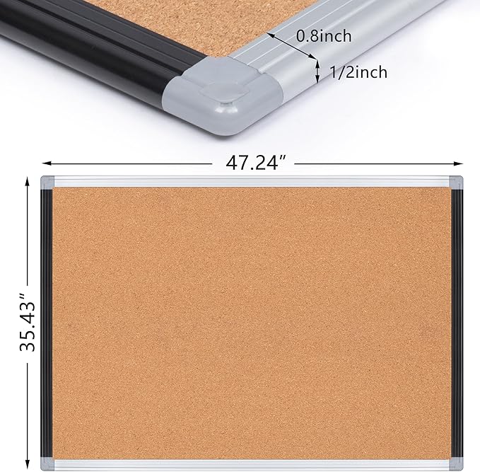 Board2by Large Cork Bulletin Board 36" x 48", Black/Sliver Aluminium Framed Corkboard, 4 x 3 Office Board for Wall Decor, Wall Mounted Notice Pin Board with 18 Push Pins for School, Home & Office