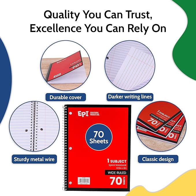 EPI Spiral Notebook | Wide - 70 Sheets, Durable Spiral Binding | 10.5 x 8 in | Classroom Supplies | School, Office, Note Taking, Journaling - 12 Pack