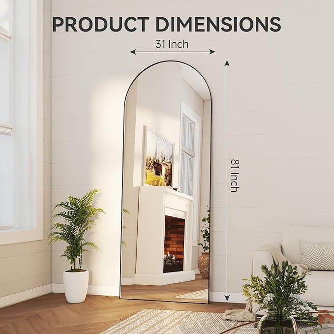 Hasipu Extra Large Arched Rectangular Full Length Wall Mirror, 81"L x 32"W, Black Aluminum Frame, Tempered Glass, Leaning/Wall Mount, Modern Style for Bedroom/Living Room