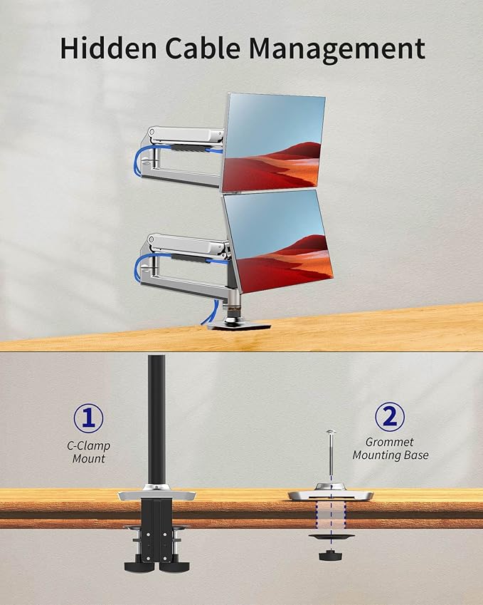 Dual Monitor Mount, Holds Screens up to 40 Inches and 25 lbs, Fully Adjustable Dual Monitor Arm with C-Clamp and Grommet Base, Aluminum, Silver