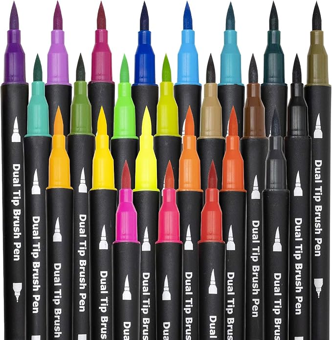 Dual Brush Marker Pens,24 Colored Markers,Fine Point and Brush Tip for Kids Adult Coloring Books Bullet Journals Planners,Note Taking Coloring Writing
